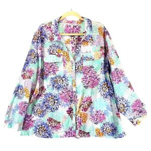 Teal Pink Orange Floral Print Button Up Blouse 3X Boho Vintage Bloomcore Coastal